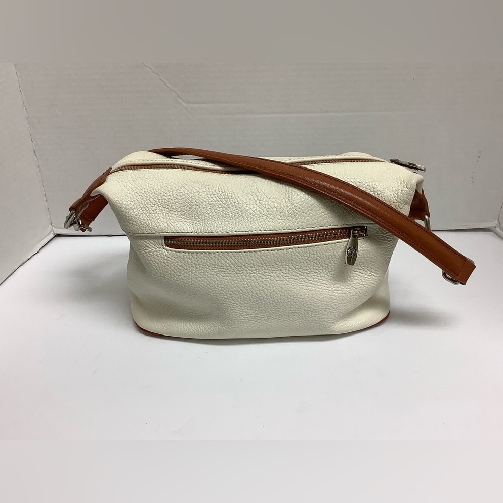 VALENTINA ITALY lovely pebbled off white leather hobo purse with saddle tan trim